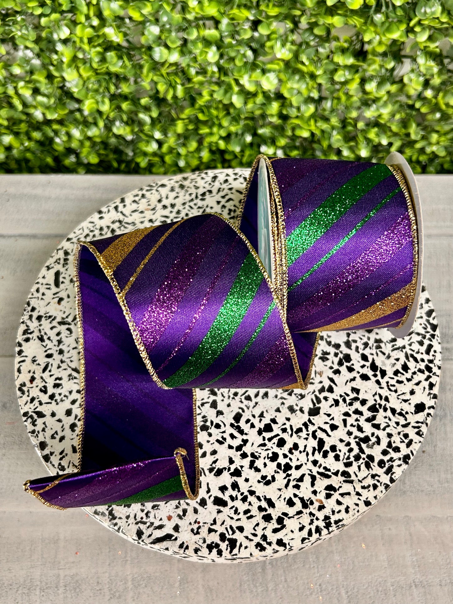 2.5 Inch By 10 Yard Mardi Gras Green Purple And Gold Diagonal Stripe Ribbon