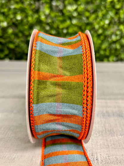 1.5 Inch By 10 Yard Moss Green Orange And Smoke Blue Faux Dupinoi Plaid Ribbon