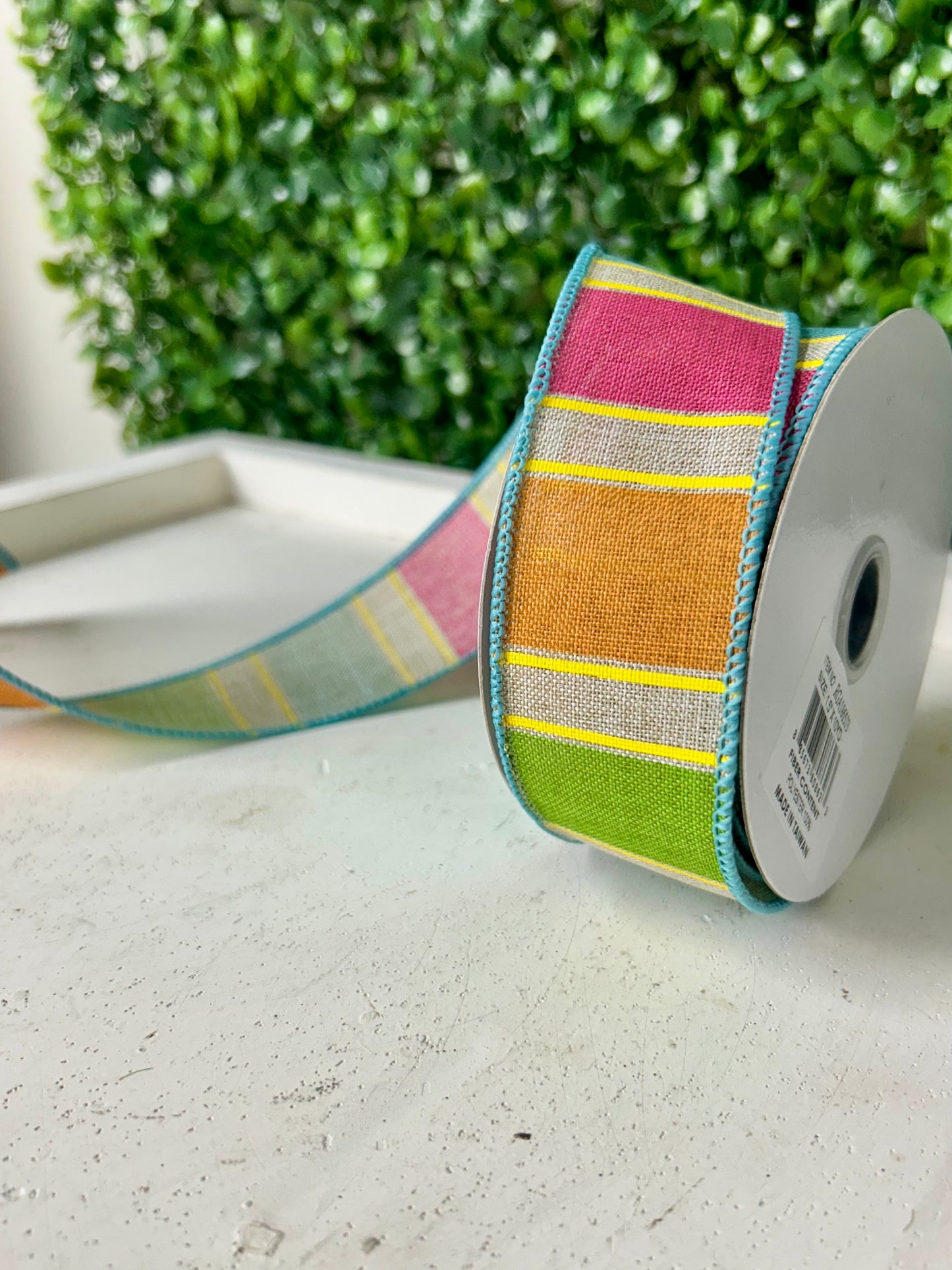 1.5 Inch By 10 Yard Pink Orange Green And Yellow Bold Stripes On Royal Ribbon