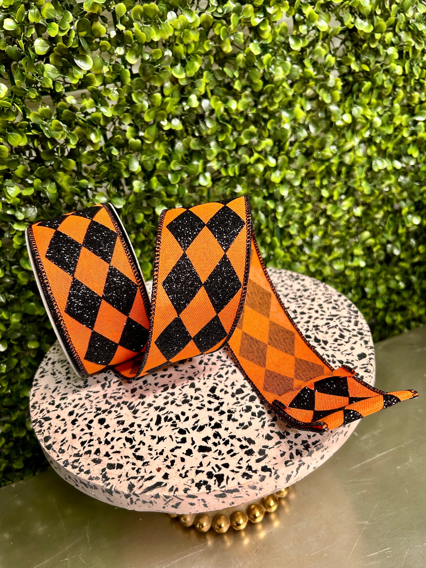2 Inch By 10 Yard Orange And Black Glitter Harlequin Check Ribbon