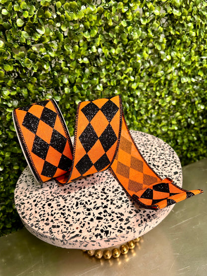 2 Inch By 10 Yard Orange And Black Glitter Harlequin Check Ribbon