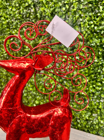 Red Metallic Curly Antler Standing Deer Two Assorted