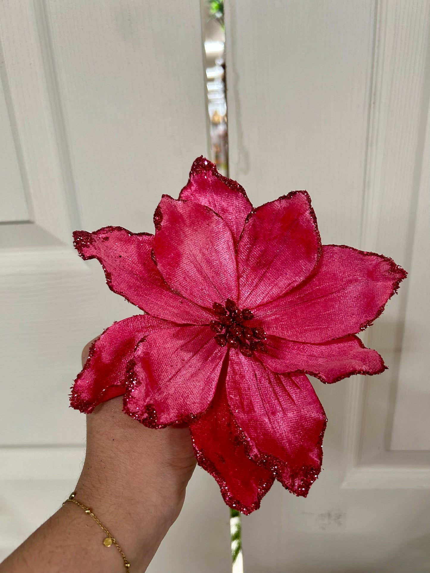 7.5 Inch Hot Pink Glitter Velvet Magnolia Pick
