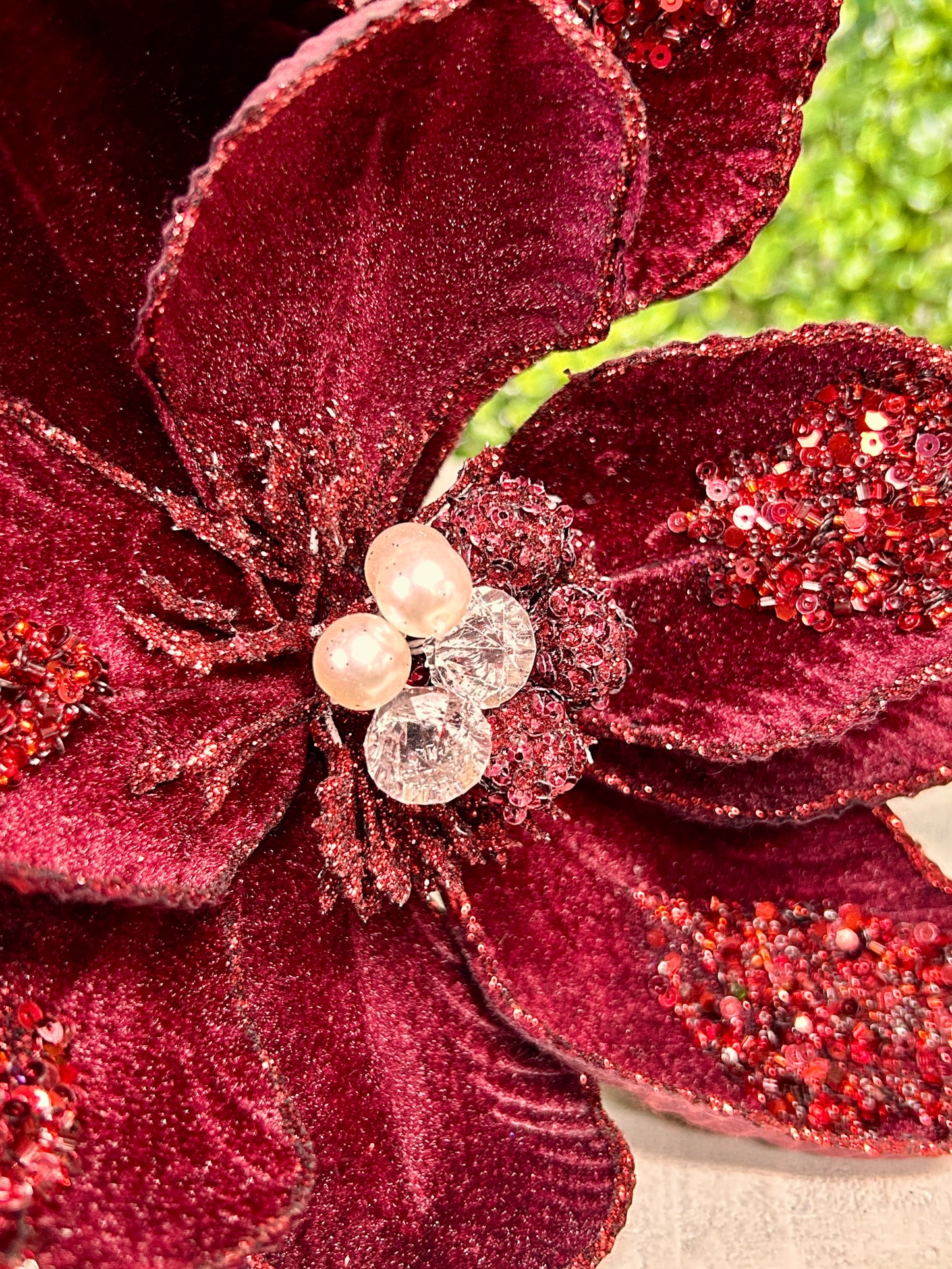 22 Inch Burgundy Glitter Sequin And Bead Magnolia Stem