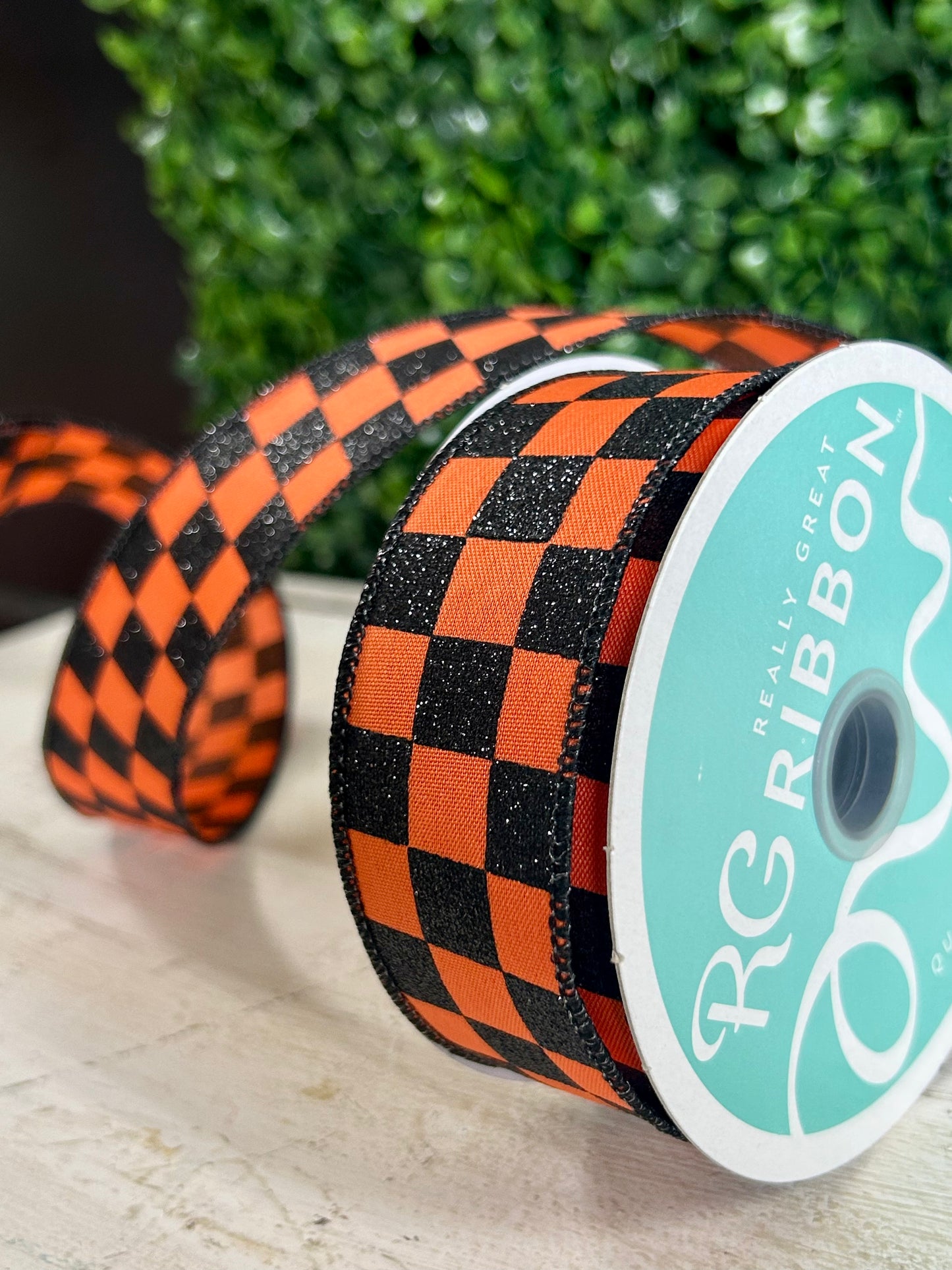 1.5 Inch By 10 Yard Dark Orange And Black Glitter Check Ribbon