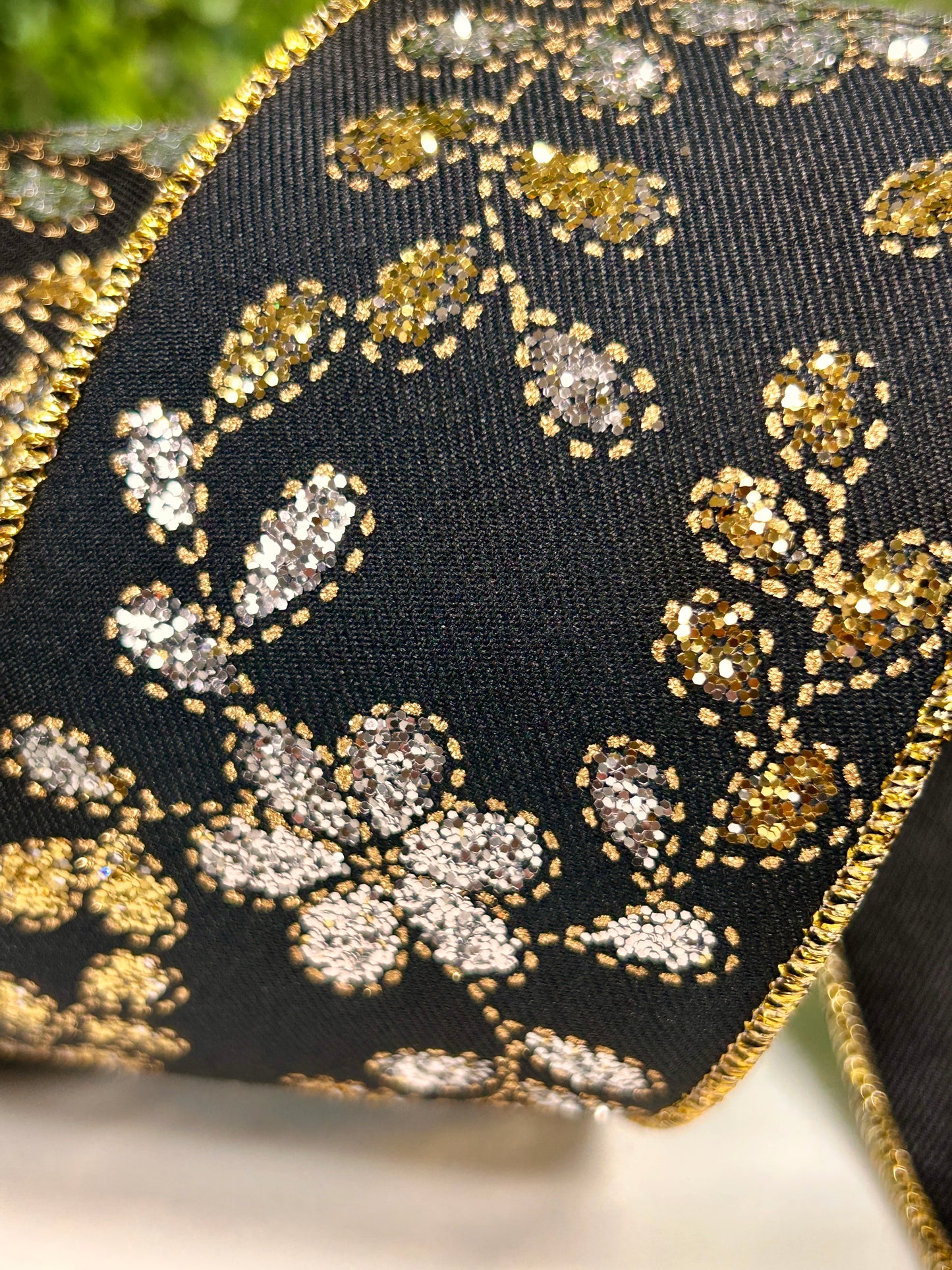 2.5 Inch By 10 Yard Gold Leaves With Silver Flowers Ribbon