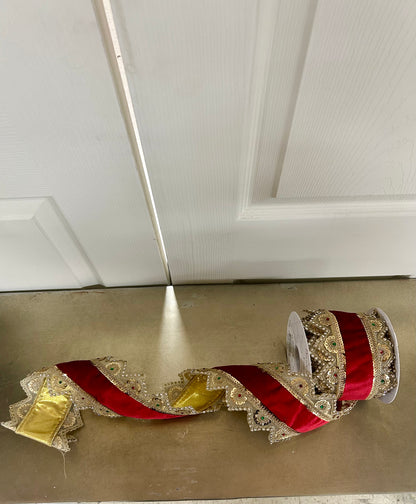 4 Inch By 5 Yard Gold Trim With Jewels On The Edge Of Red Ribbon
