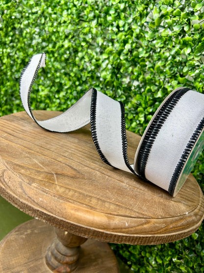 1.5 Inch By 10 Yard Black And White Faux Burlap With Stitch Edge Ribbon