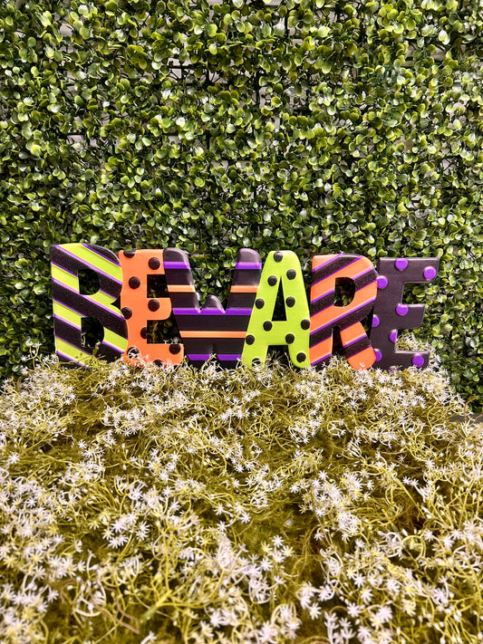 19 Inch Purple Green And Orange Beware Metal Embossed Sign
