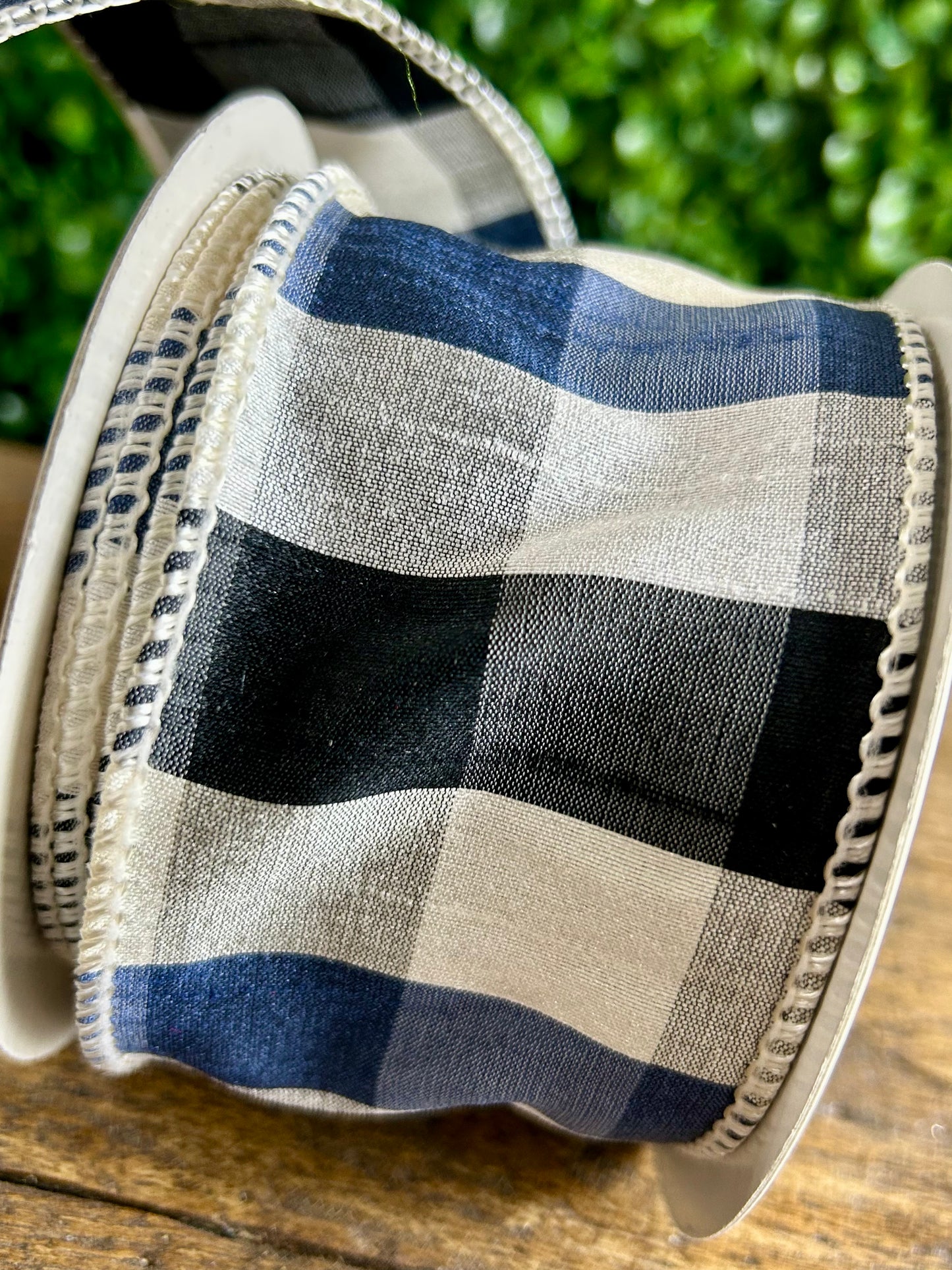 2.5 Inch By 10 Yard Black Navy And White Check Dupioni Paterson Ribbon