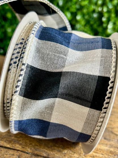 2.5 Inch By 10 Yard Black Navy And White Check Dupioni Paterson Ribbon