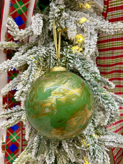5 Inch Sage Green Gold And White Marble Glass Ball Ornament