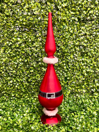 Set Of Three Red Glass Santa Belt Tabletop Finials With Fur
