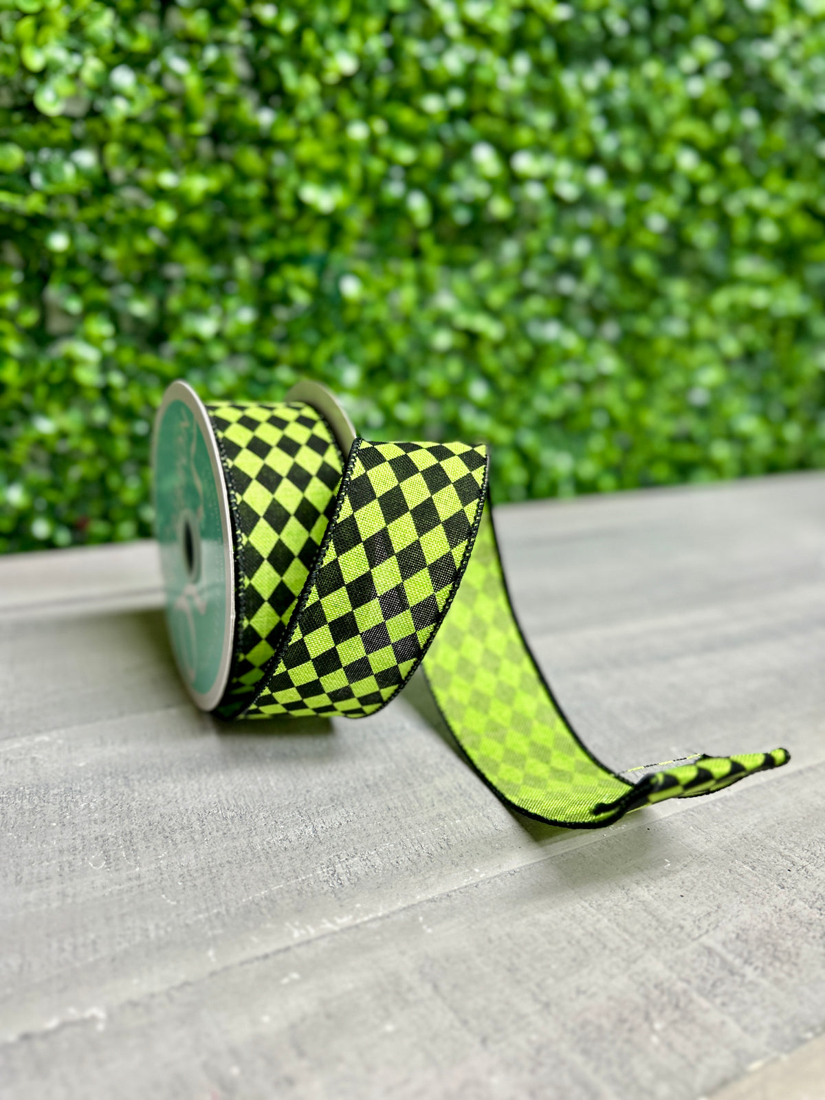 1.5 Inch By 10 Yard Lime Green And Black Small Harlequin On Royal Ribbon