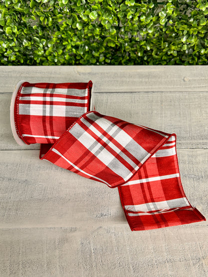4 Inch By 10 Yard Red And Silver Grand Dupioni Plaid Ribbon
