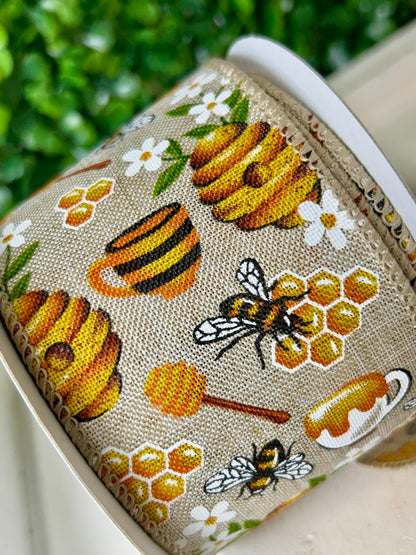 2.5 Inch By 10 Yard Working Bees With Flowers On Natural Background Ribbon