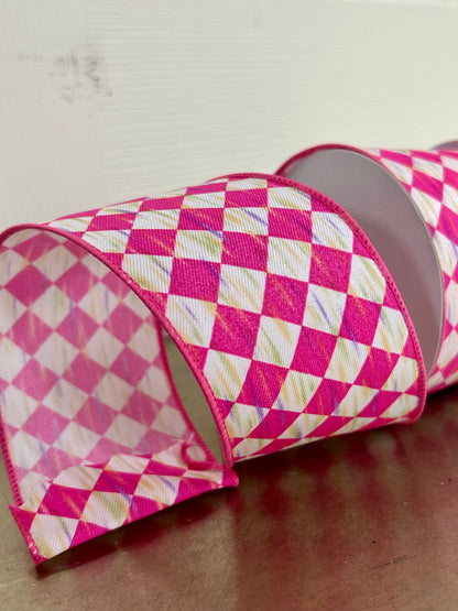 2.5 Inch By 10 Yard Hot Pink And White Antique Diamond Ribbon