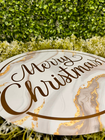 12 Inch Light Grey And Gold Merry Christmas Marble Sign