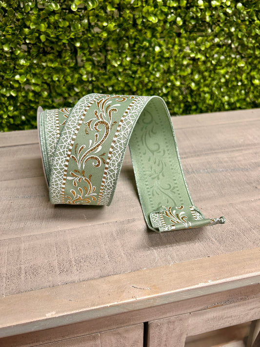 2.5 Inch By 10 Yard Sage Green White And Gold Swirls Ribbon