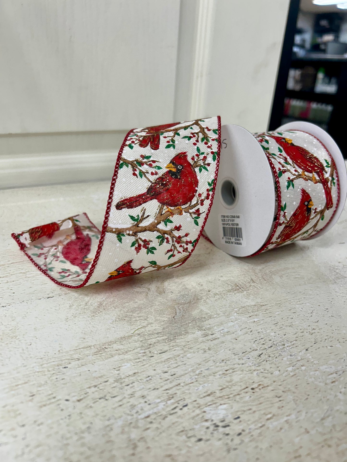 2.5 Inch By 10 Yard Red Cardinal On A Snowy Red Berry Tree With Burlap Background Red Edging Ribbon