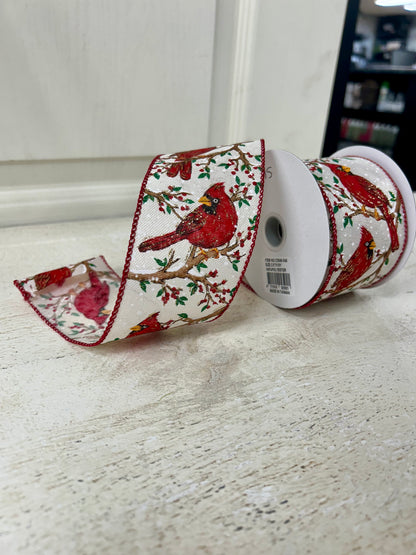 2.5 Inch By 10 Yard Red Cardinal On A Snowy Red Berry Tree With Burlap Background Red Edging Ribbon