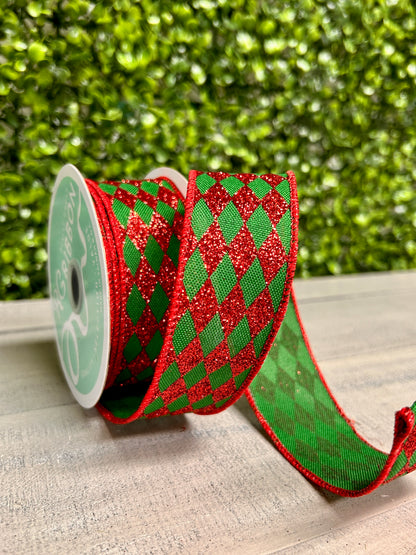 1.5 Inch By 10 Yard Emerald Green And Red Glitter Harlequin Ribbon