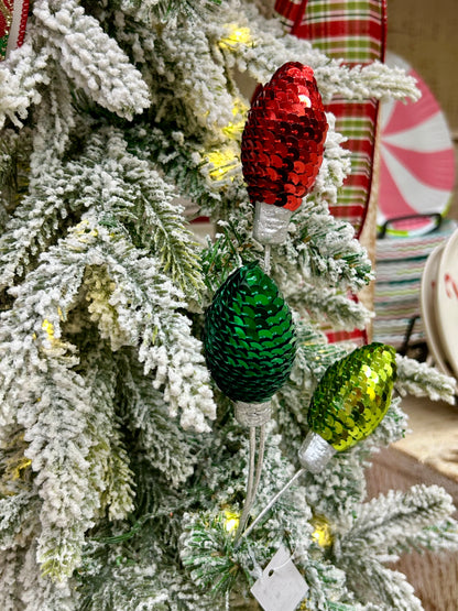 11 Inch Red Emerald Green And Lime Green Styrofoam Sequin Light Bulb Pick