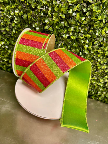 2.5 Inch By 10 Yard Hot Pink Orange And Lime Glitter Stripe Fused Ribbon