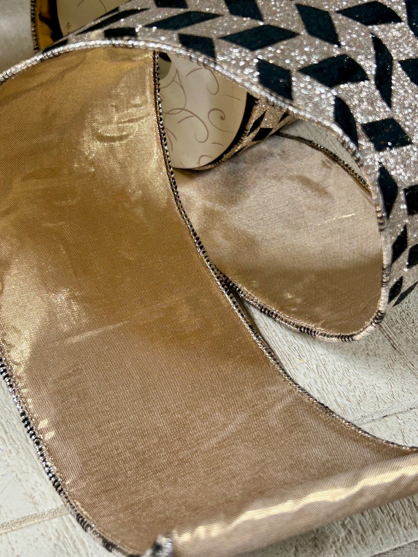 4 Inch By 10 Yard Black Velvet With Champagne Glitter Blocks Ribbon