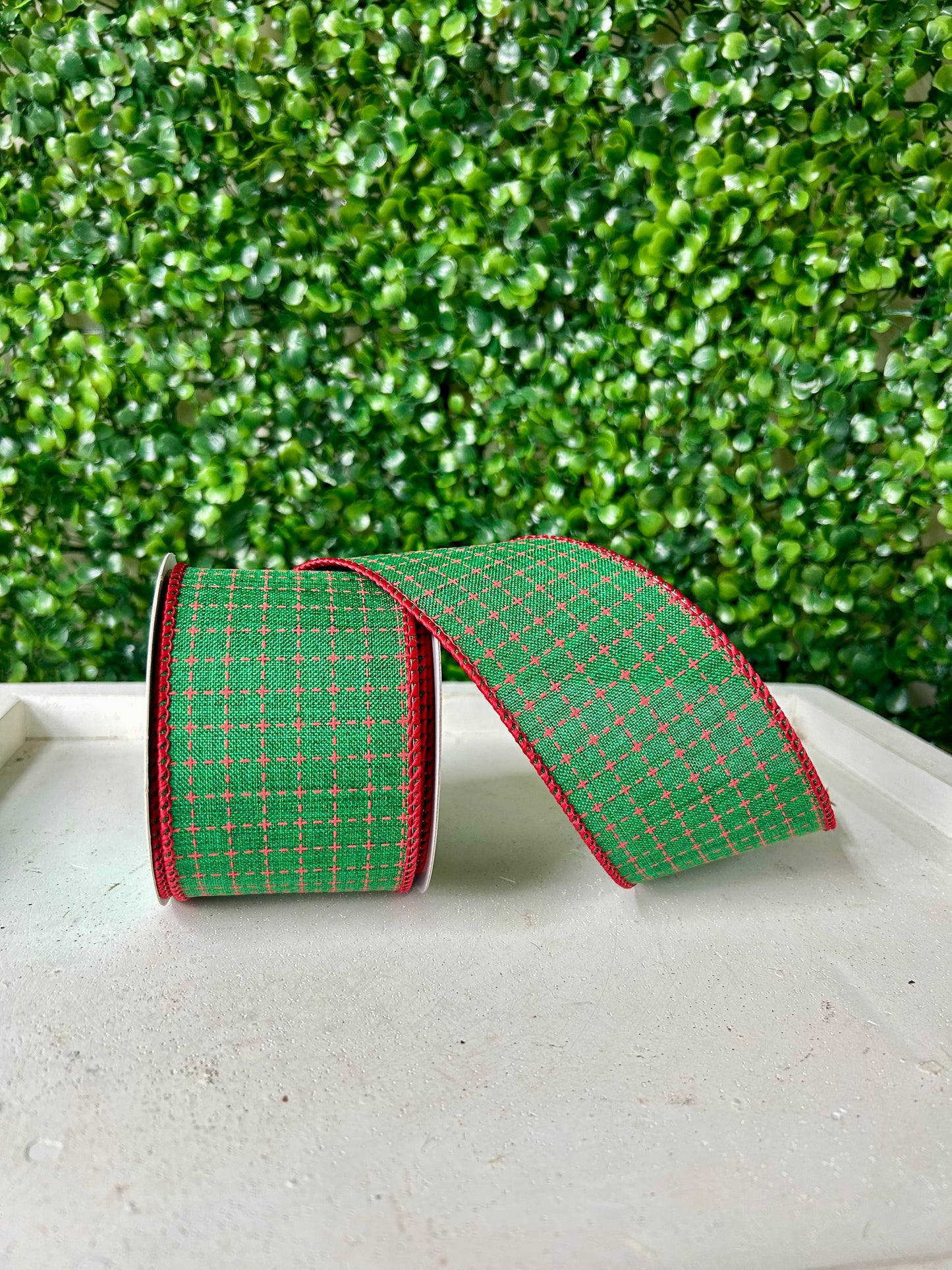 2.5 Inch By 10 Yard Emerald And Red Raised Switched Squares On Royal Ribbon