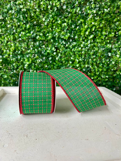 2.5 Inch By 10 Yard Emerald And Red Raised Switched Squares On Royal Ribbon