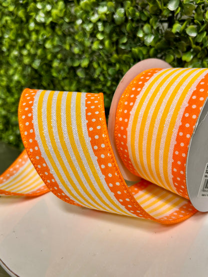 2.5 Inch By 10 Yard White Orange And Yellow Vertical Stripe And Polka Dot Ribbon