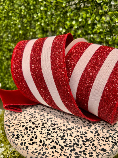 4 Inch By 10 Yard Red And White Vertical Glitter Stripe Fused Ribbon