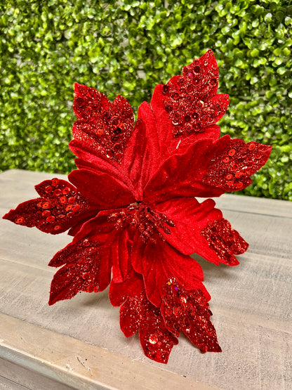 9 Inch Wavy Cut Velvet Poinsettia Leaf Stem