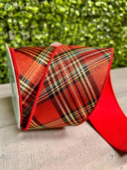 2.5 Inch By 10 Yard Red Green And Yellow Metallic Diagonal Plaid With Fused Back Ribbon