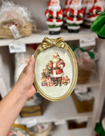 7.88 Inch Resin And Wood Oval Santa Plaque With Bow And Easel Two Styles