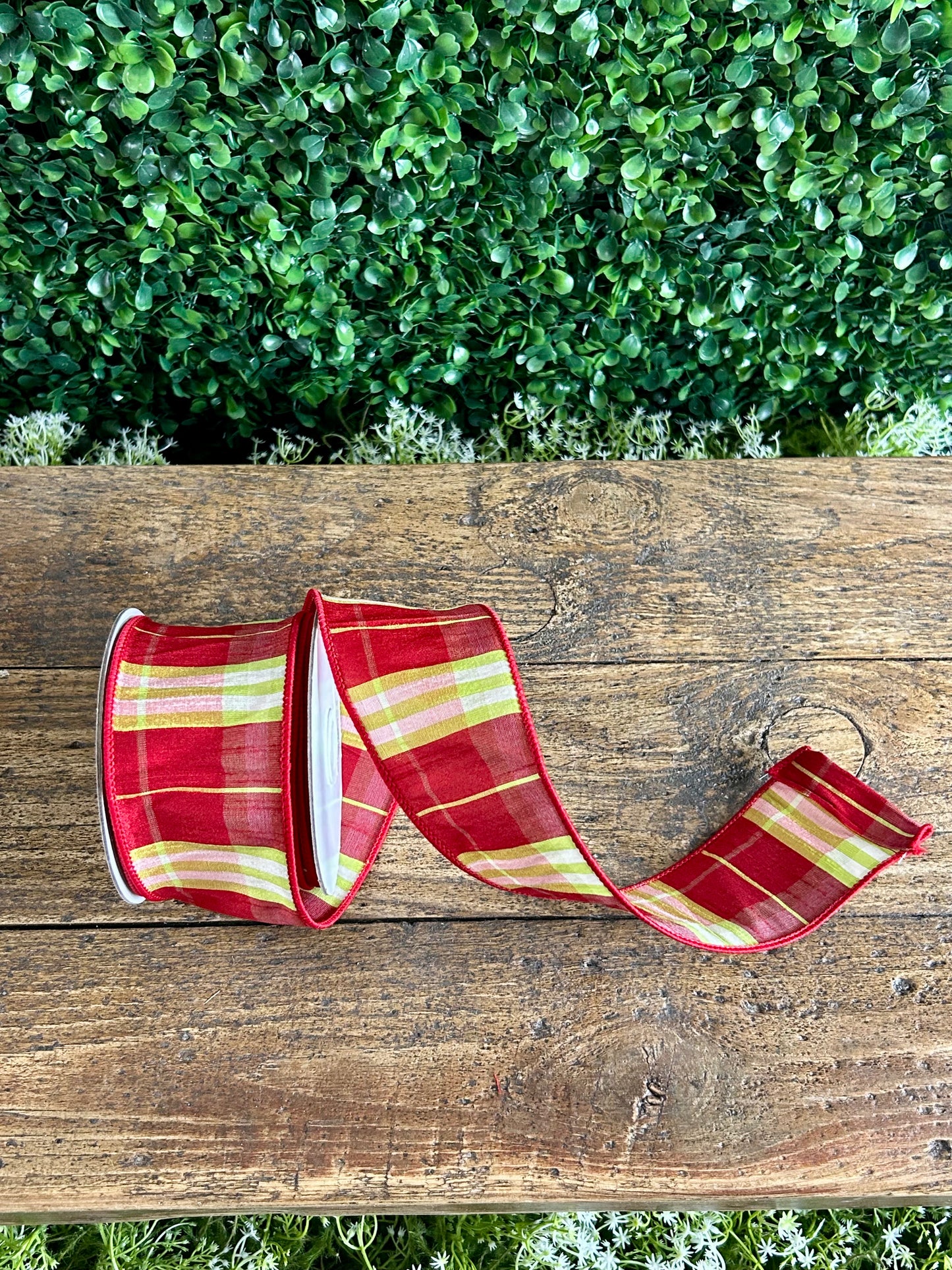 2.5 Inch By 10 Yard Red And Lime Plaid Dupioni Ribbon