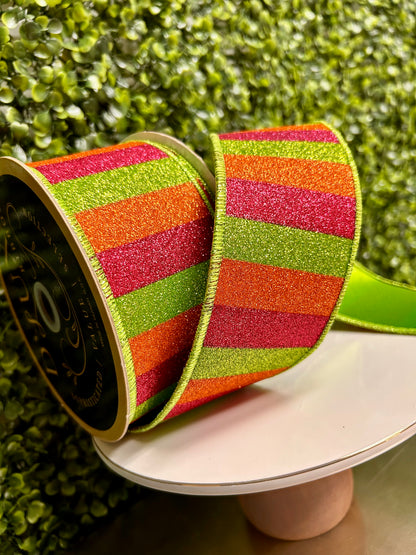 2.5 Inch By 10 Yard Hot Pink Orange And Lime Glitter Stripe Fused Ribbon