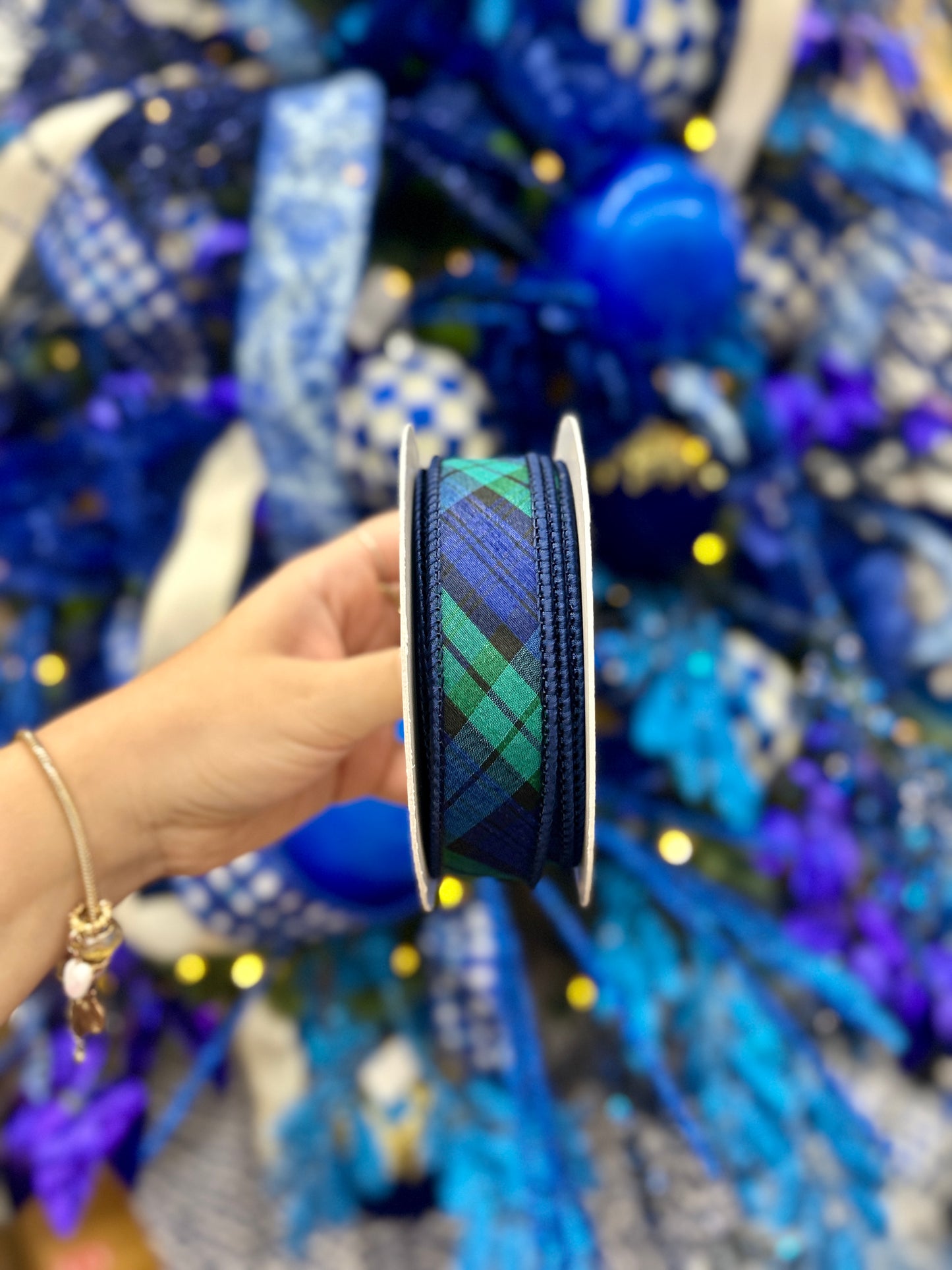 David Christopher 1 Inch By 10 Yard Navy Blue and Evergreen Plaid Ribbon