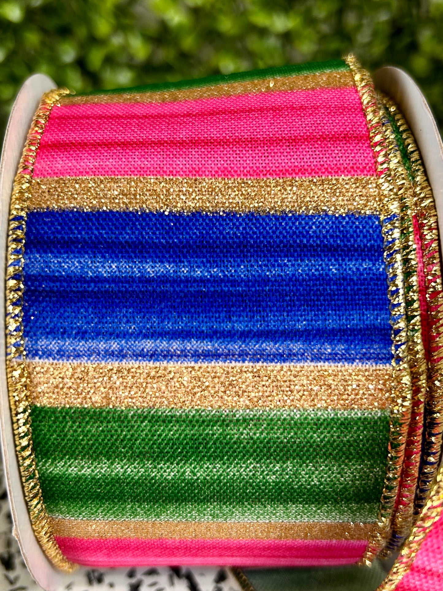 2.5 Inch By 10 Yard Fuchsia Blue Emerald And Gold Watercolor Stripes Ribbon