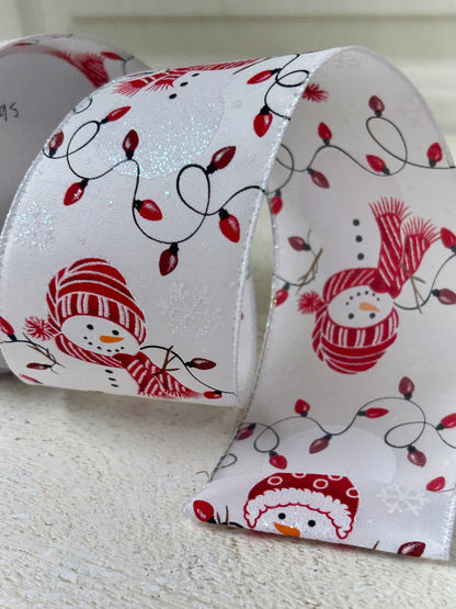2.5 Inch By 10 Yard Red Snowman With Scarf And Christmas Lights