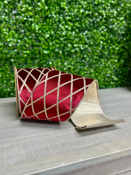 4 Inch By 10 Yard Burgundy With Glittered Diamond Velvet Ribbon