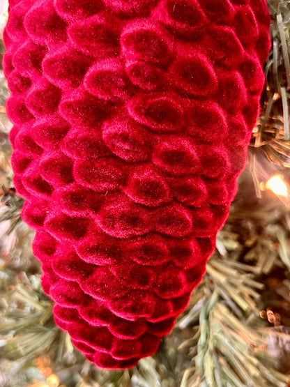 7 Inch Burgundy Velvet Flocked Pinecone Ornament