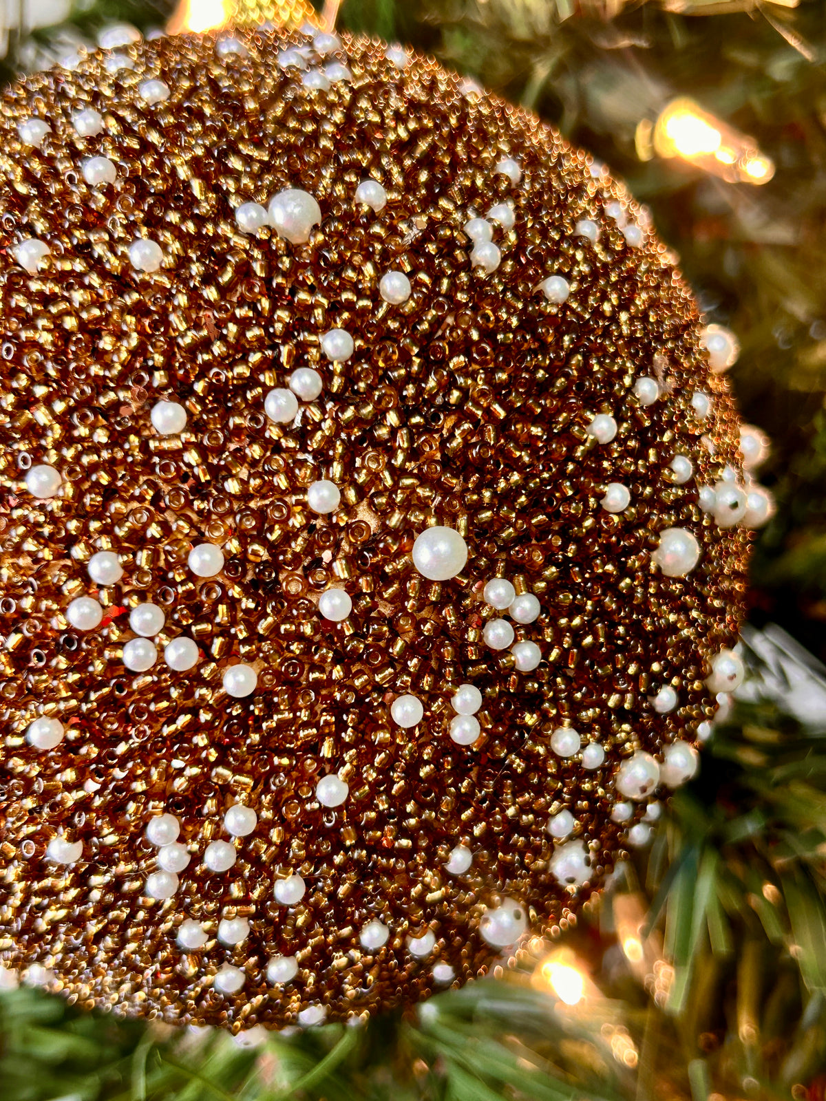 5 Inch Copper Seed Bead And Pearl Embellished Round Ornament
