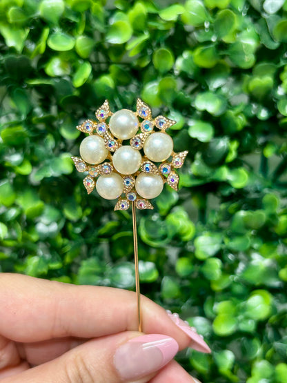 1.5 Inch Gold Rhinestone And Pearl Floral Pins Six Pack