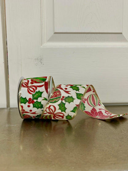 2.5 Inch By 10 Yard Poinsettia And Ornaments Ribbon