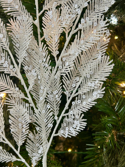 24 Inch White Glitter Sequin Fern Spray
