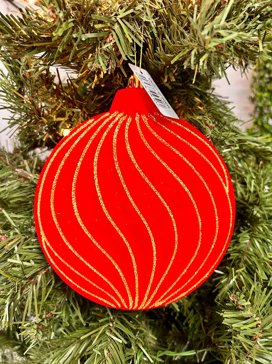 6 Inch Red And Gold Flocked Glitter Flat Ornament