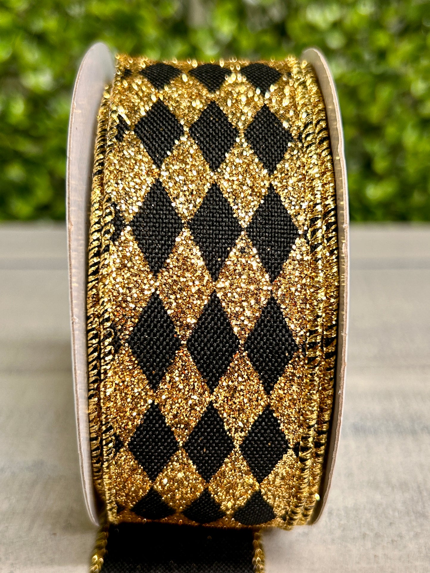 1.5 Inch By 10 Yard Black And Gold Glitter Harlequin Ribbon