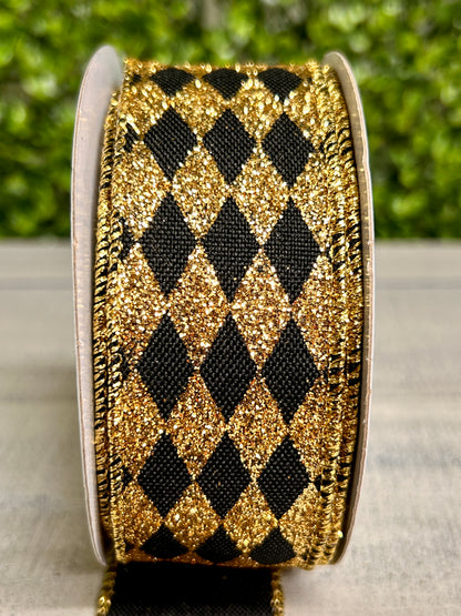 1.5 Inch By 10 Yard Black And Gold Glitter Harlequin Ribbon
